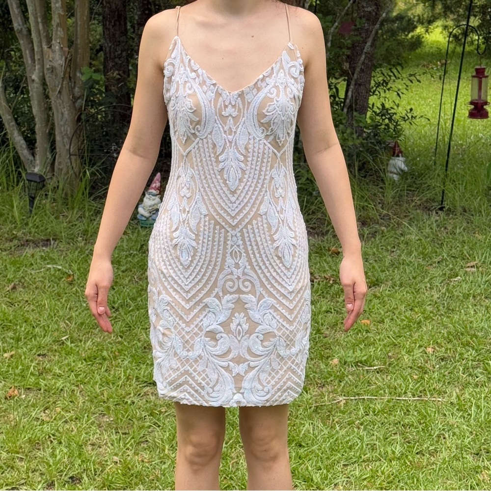 Windsor Tan With White Sequins Mini Dress Size Large
